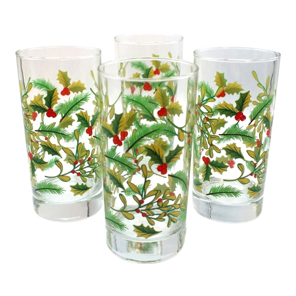 Set of 4 Greenbrier Mistletoe Holly Highball Glasses 16 oz.
